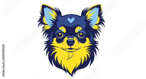 Chihuahua Dog Portrait, Blue Yellow Colors, Heart Detail, White Background