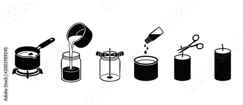 Candle Making Process Steps Icon Set, Step-by-Step Guide for Handmade Crafting, Melting Wax Pouring and Wicking Illustration for Workshop Tutorial Manuals, Flat Vector Symbols on White Background