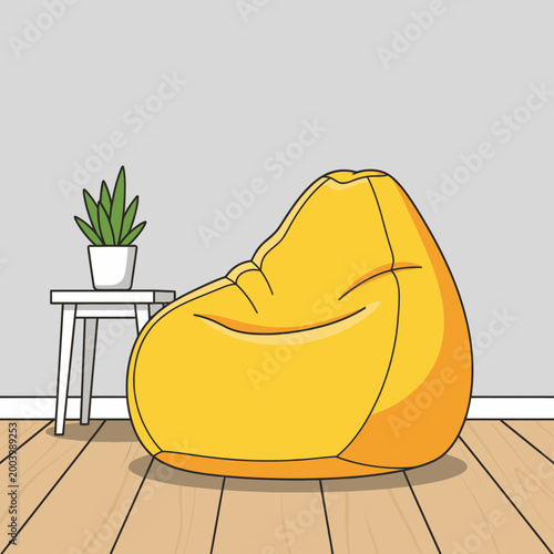 Cozy Yellow Bean Bag Chair with Potted Plant on Side Table in Minimalist Room