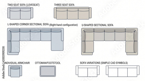 Top Down Flat Vector Living Room Elements Set Featuring two seat sofa, three seat sofa, corner sectional L shape sofa, U shaped, sofa CAD plan symbols, individual elements, vector illustration, white 