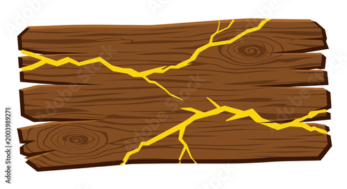 Cracked wooden sign with golden repair, kintsugi style