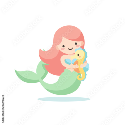 Cute Mermaid Hugging a Seahorse, Fantasy Ocean Creature Illustration