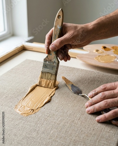 Artist priming canvas with beige paint using brush and palette knife