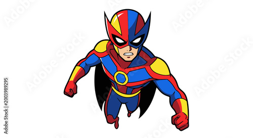 Dynamic Superhero Flying Forward, Red Blue Yellow Costume, Comic Book Style