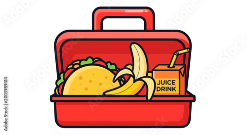 Open Red Lunchbox with Taco, Banana, and Juice Drink