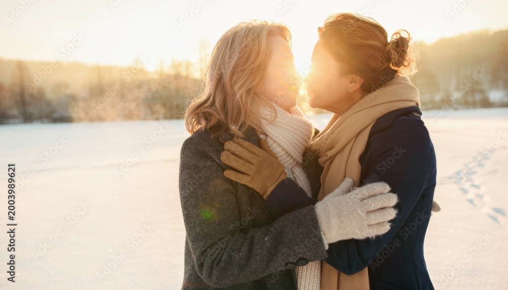 Fototapeta premium Eternal Embrace: Amidst a tranquil snowscape, two figures share an intimate embrace, their silhouettes kissed by the gentle touch of sunlight, embodying an enduring bond and timeless love.