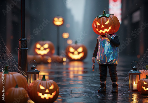 child wearing pumpkin head costume on a wet city street