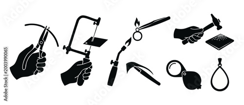 Jewelry Making Tools Icon Set, Handcrafted Metalwork Silhouettes, Goldsmith Equipment for Casting, Soldering, and Design on White Background, Professional Crafting Hobby and Small Business Workshop Ve