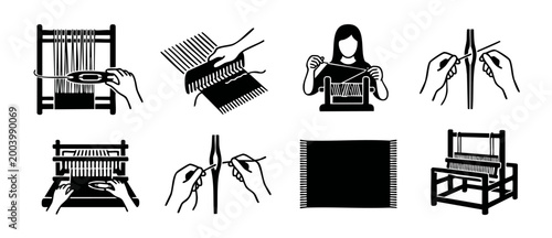 Weaving Loom Icons Set - Handcraft Textile Production Process and Traditional Fabric Manufacture Steps for Artisan Crafting Workshops, Creative Hobby Projects, and Industrial Textile Equipment Illustr