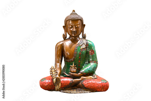 A bronze Buddha statue adorned with intricate green and red mosaic details, sitting in a meditative pose on a white background