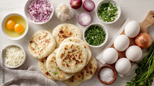 A delicious spread of ingredients for making traditional pupusas with eggs, onions, and herbs on a white wooden table.