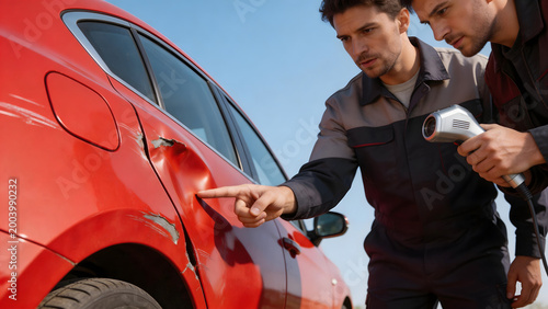 Two men inspecting car damage