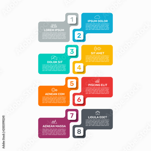Professional eight steps business infographic template with colorful numbered banners and icons on white background. Vector illustration.