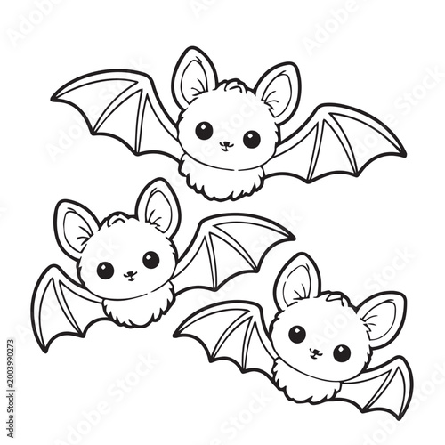 Vector art of three cute cartoon bats flying together, featuring soft rounded shapes, playful wings, and cheerful expressions, designed with clean lines and a fun, friendly vibe.