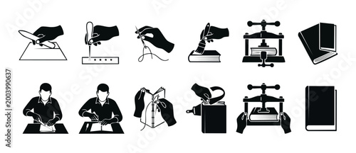 Bookbinding Process Icons Set, Professional Manual Crafting Steps, Publishing Tools and Restoration Techniques, Handcrafted Book Construction Symbols for Workshops, Publishing Houses and Library Repai