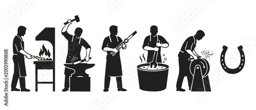 Blacksmith working with metal icons set, industrial craft process collection, traditional forging stages and hammer tool, anvil, horseshoe symbol, isolated black vector silhouettes on white background