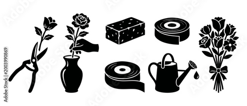 Floral Arrangement Icons Set: Gardening Tools, Roses, and Florist Equipment Silhouettes for Flower Shop Branding and DIY Crafting Projects, Minimalist Vector Illustration on White Background Isolated