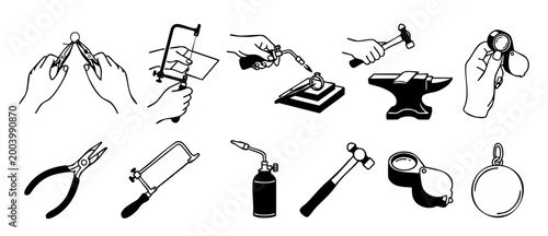 Jewelry Making Tools and Techniques Set for Professional Goldsmiths and Silversmiths, Featuring Handheld Crafting Equipment, Metalworking Process Icons, and Artisan Workshop Illustrations in Vector St
