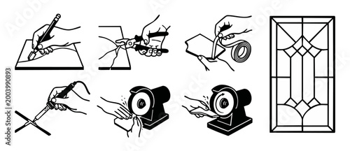 Stained Glass Making Process Steps Vector Icons Set, Professional Craftsmanship Tutorial for Artisans, Industrial Tooling and Artistic Design Elements for Home Decoration and Interior Glazing Projects