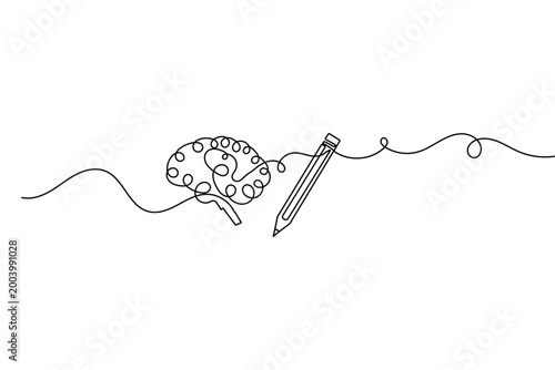 Continuous one line drawing of human brain and pencil minimalist style outline vector illustration for creative thinking and education concept