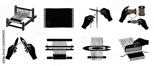 Weaving and Textile Craft Icons Set, Loom Tools and Hand Spinning Process for Fabric Manufacturing, Vector Illustration of Traditional Artisanal Needlework Techniques for Design and Creative Projects