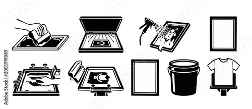 Cuadro en lienzo Screen Printing Process Icons Set, Manual T-Shirt Printing Equipment and Tools f