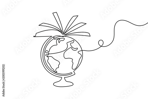 Global education concept with globe and open book continuous one line drawing