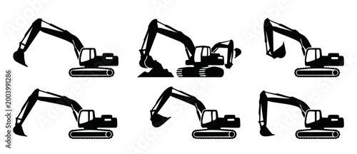Excavator silhouette set industrial construction machinery icons collection, heavy equipment vehicles for earthmoving, digging and building site operations, isolated black vector shapes on white backg
