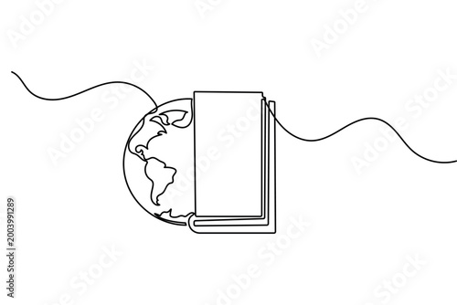 Global education concept with globe and book continuous one line drawing