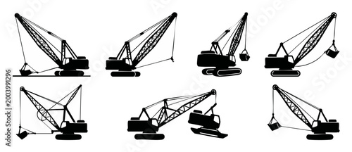 Crane silhouette set, crawler construction machines working on site, heavy industrial equipment collection, black and white vector icons for engineering, building, infrastructure development and logis