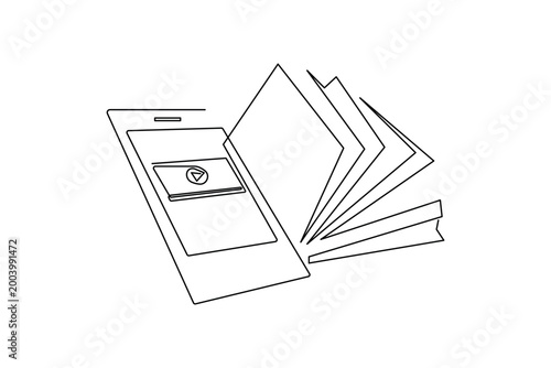 Online education concept with book on tablet continuous one line drawing