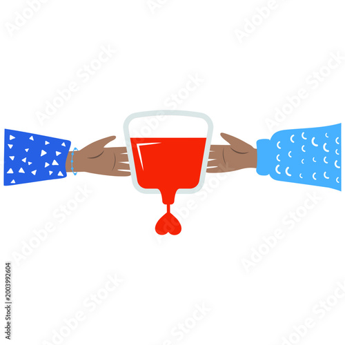 Two hands sharing blood donation bag on world donor day isolated on transparent background