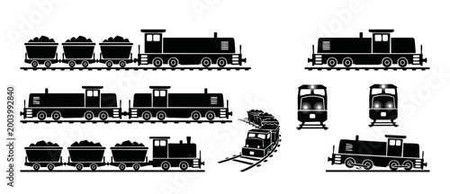 Train Locomotive Coal Wagon Icon Set, Black Silhouettes for Transportation Design and Freight Logistics Concepts, Flat Vector Illustrations of Railway Engines on Tracks for Infographics and UI Project