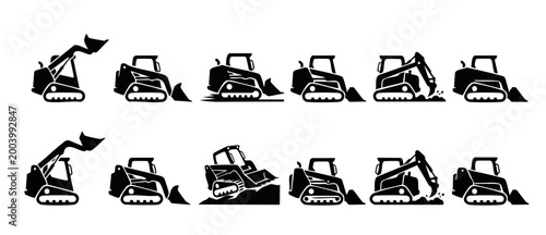 Skid Steer Loader Vector Icons, Construction Equipment Silhouette Collection for Heavy Machinery Business, Engineering Projects, Industrial Site Planning, and Building Site Diagrams in Flat Black Grap
