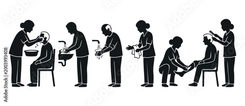 Elderly Care Hygiene Icons Set, Senior Assistance Personal Care Routine, Nursing Home Daily Living Activities, Vector Black Silhouette Illustrations of Caregiver Helping Seniors Wash Hands Face Hair G
