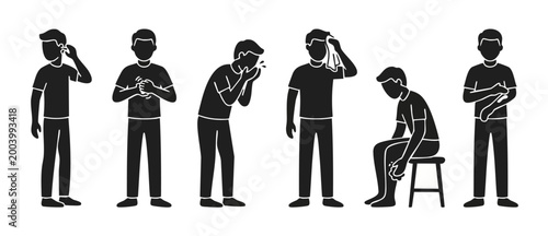 Sick man symptoms icons set, person with health problems and illness signs, medical infographic elements with cold, flu, fever, allergy, headache, and body pain in flat black silhouette vector style.