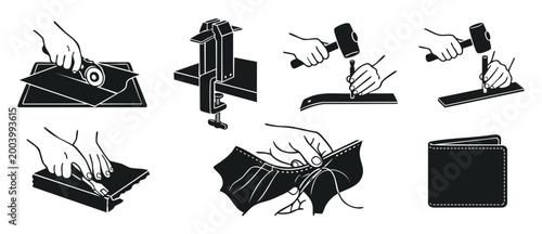 Leather Crafting Tools and Process Vector Icon Set, Manual Leatherworking Workshop Symbols for DIY Projects, Professional Artisan Equipment Outline Illustrations for Tanneries and Handcrafted Goods