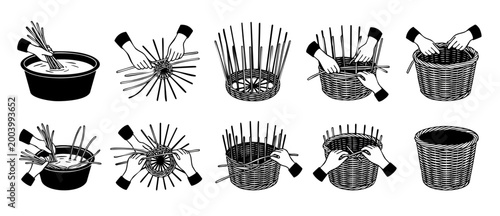 Wicker Basket Weaving Process Step-by-Step Guide, Artisan Crafting Tutorial, Handmade Rattan Construction, Traditional Manual DIY Skill Set, Flat Vector Illustration Isolated on White Background