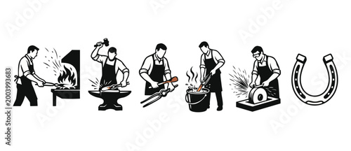 Blacksmith working process icons, metal forging and horseshoe production steps, silhouette illustrations of craftsman using hammer, anvil, furnace, and grinding wheel for steel fabrication and artisan