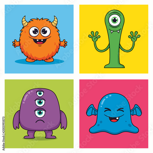 Foto Cute cartoon alien creature standing happily on colorful vibrant pop art backgro