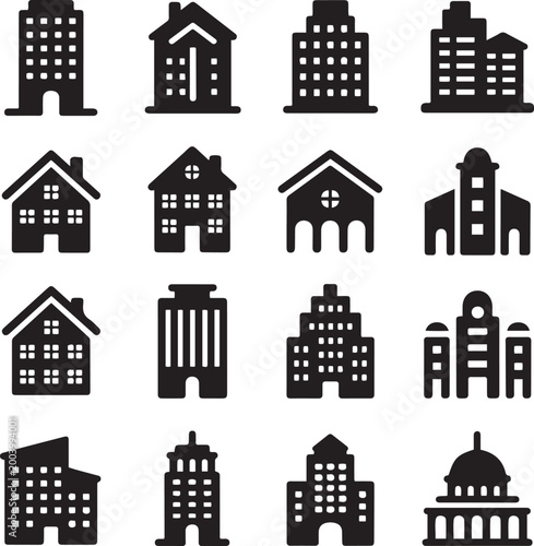 Building icon symbol collection. logo Vector Black silhouettes