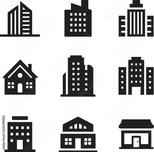 Building icon symbol collection. logo Vector Black silhouettes