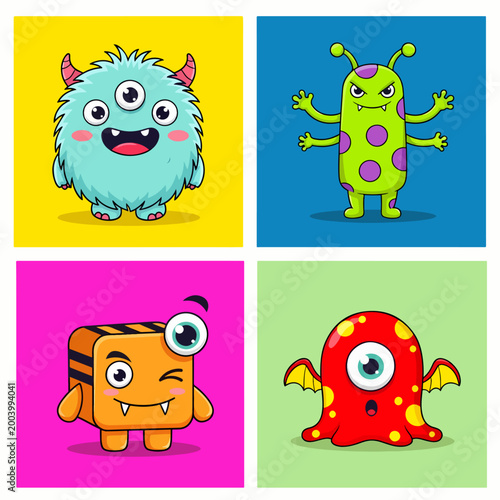 Colorful creatures with adorable expressions and cheerful moods