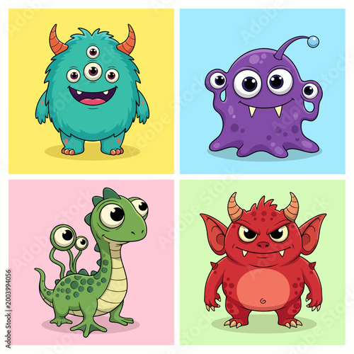Colorful creatures with cute faces and bright happy colors
