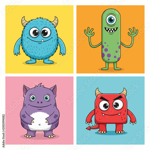 Colorful creatures with cute faces and cheerful cartoon vibes