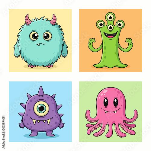 Colorful monster characters with friendly smiles and cute designs
