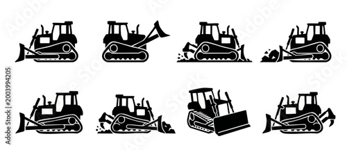 Bulldozer icon set, construction machinery vector graphics for industrial site planning, heavy equipment silhouette collection with digging and grading blades for building, excavation and architecture