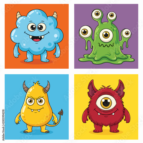 Cute monsters with big eyes and playful smiling expressions