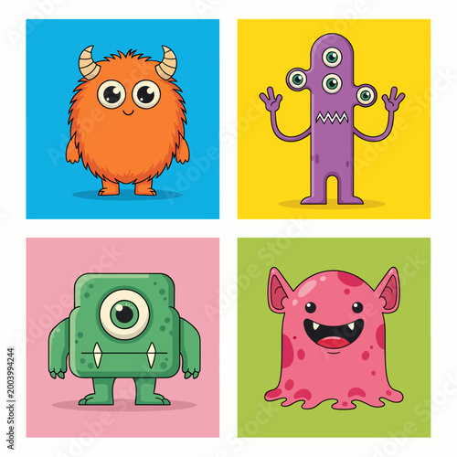 Cute monsters with simple shapes and vibrant happy designs