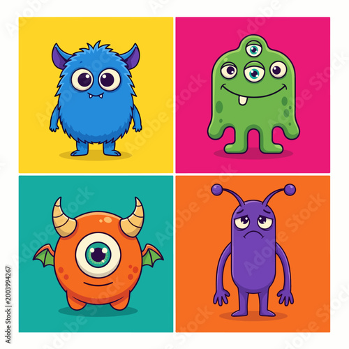 Friendly monsters with big eyes and playful joyful expressions